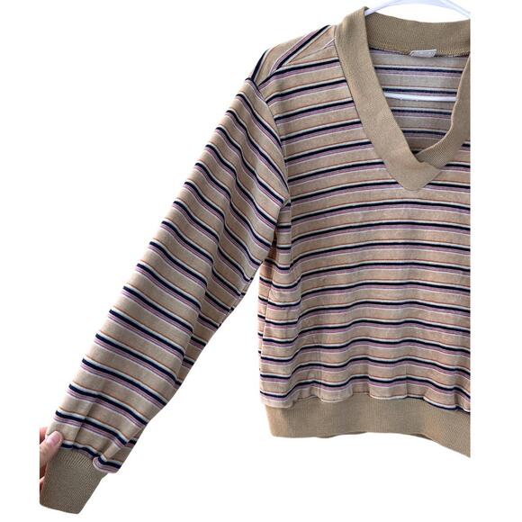 Vintage Levi’s Women's Sz: M Tan V-Neck Stripe Long Sleeve Pullover Sweater - Picture 2 of 12